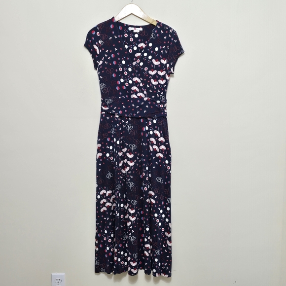 Boden Lily Rushed Waist Jersey Maxi Dress Sz 6R Navy Floral Fit & Flare Stretchy - Picture 2 of 14